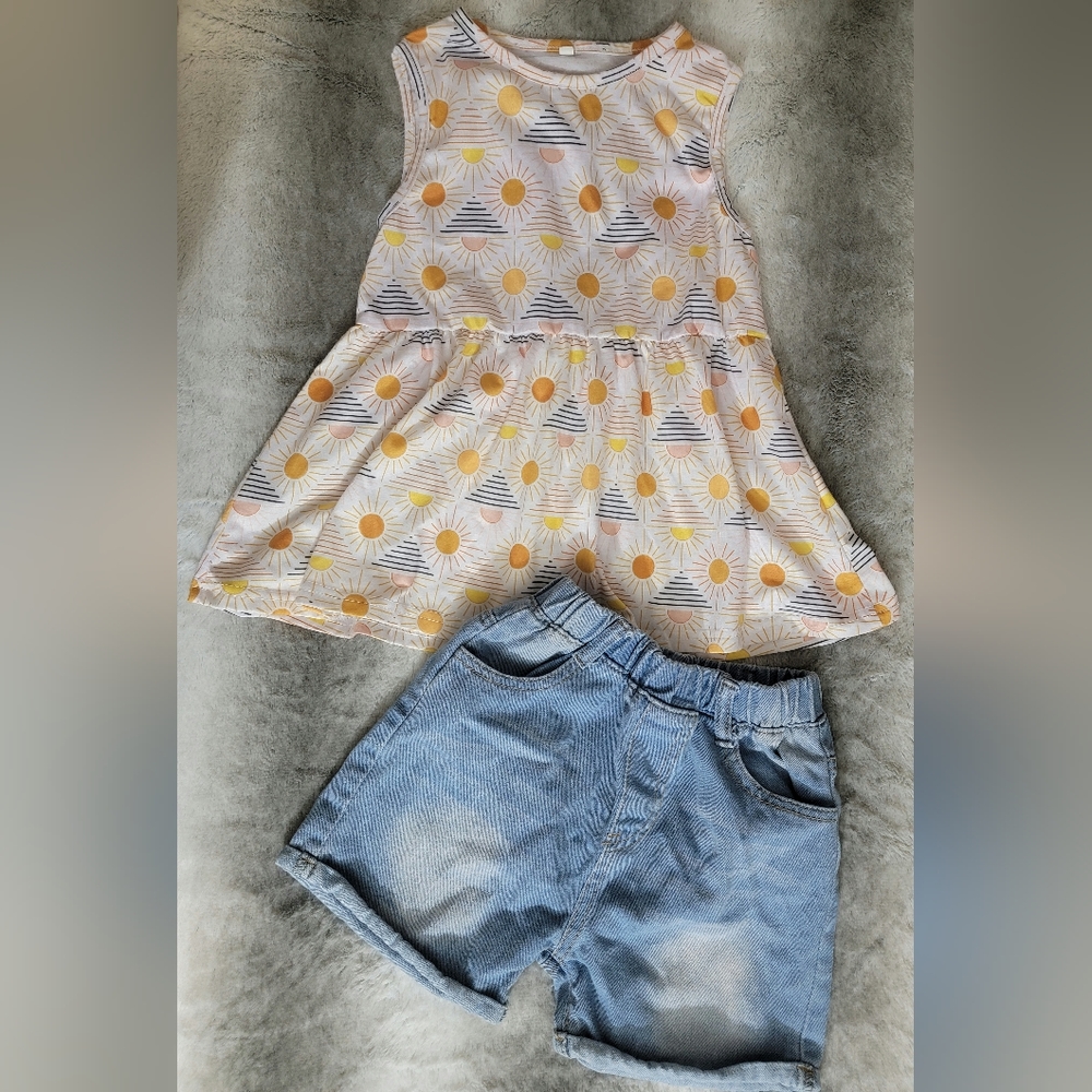 Girls Ruffle Hem Top & Denim Shorts - Size 7/8